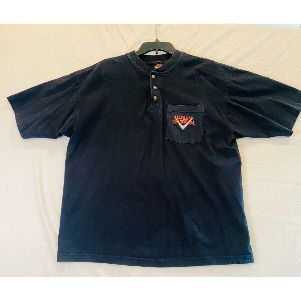 VTG Harley Davidson 90s Black Henley Collar T-Shirt Mens Large Twin Cities‎ MN